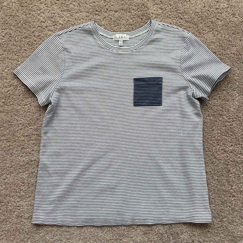 Lake Pajamas Women Blue White Striped Pima Cotton Short Sleeve Pocket Tee Small
